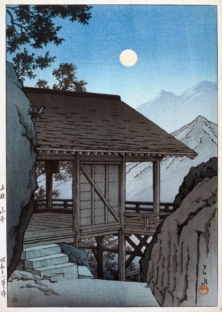 Yamadera Temple Yamagata Woodblock — moonlit wooden temple structure clings to a steep mountain cliffside in
