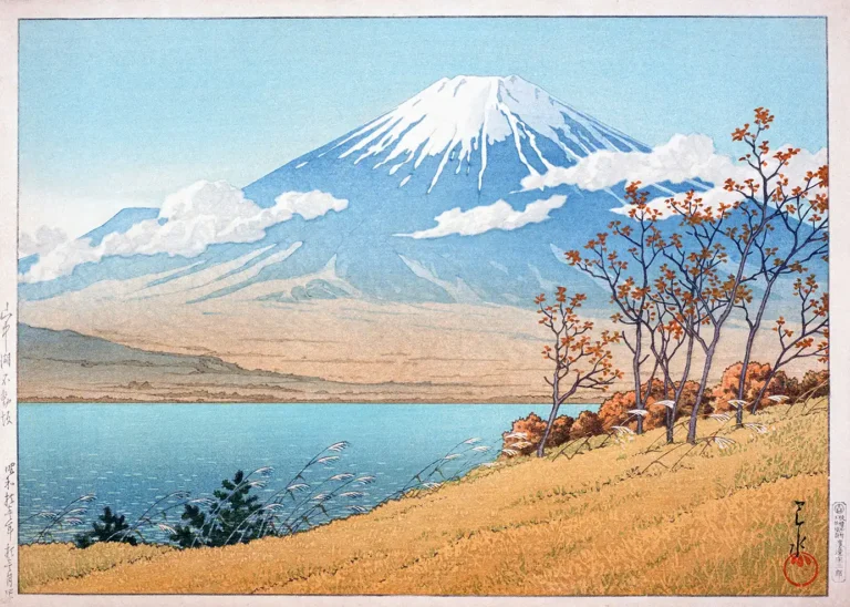 Lake Yamanaka Mount Fuji — classic woodblock print featuring a snow-capped Mount Fuji towering