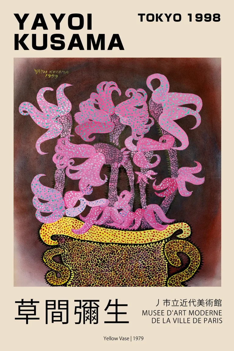 Yayoi Kusama Yellow Vase — this modern exhibition print features Yayoi Kusama's 1979 Yellow Vase