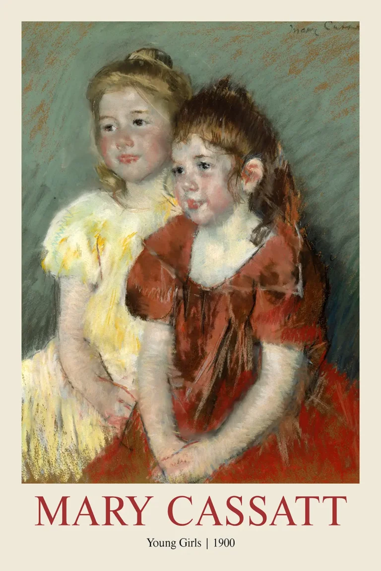 Young Girls 1900 Mary — tender impressionist portrait of two young girls in yellow and red