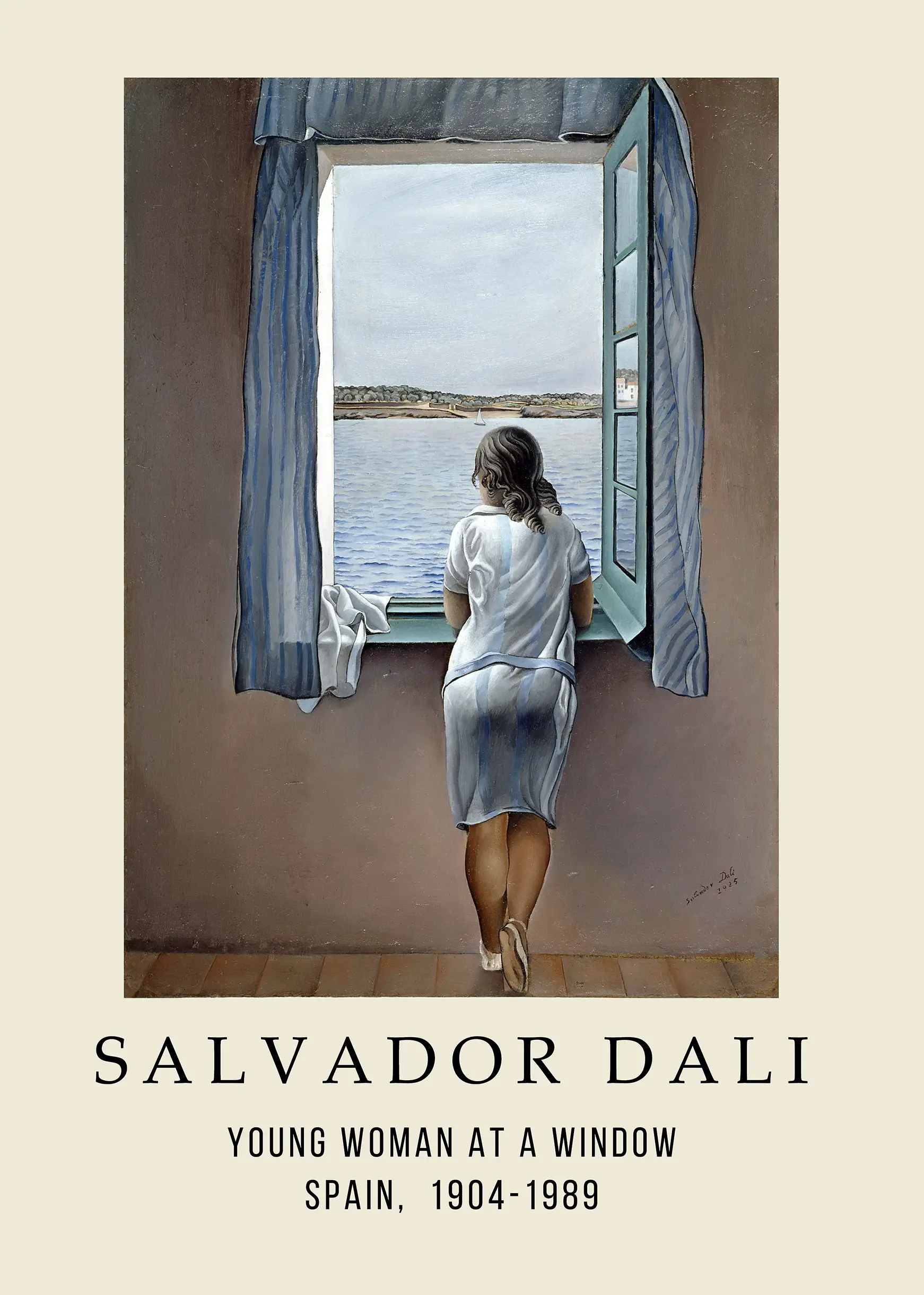 Classic Young Woman At A Window - Salvador Dali Cadaques Bay Painting Print Young Woman At A Window Print By Salvador Dali Showing A Woman Looking At A Blue Bay From A Spanish Window.