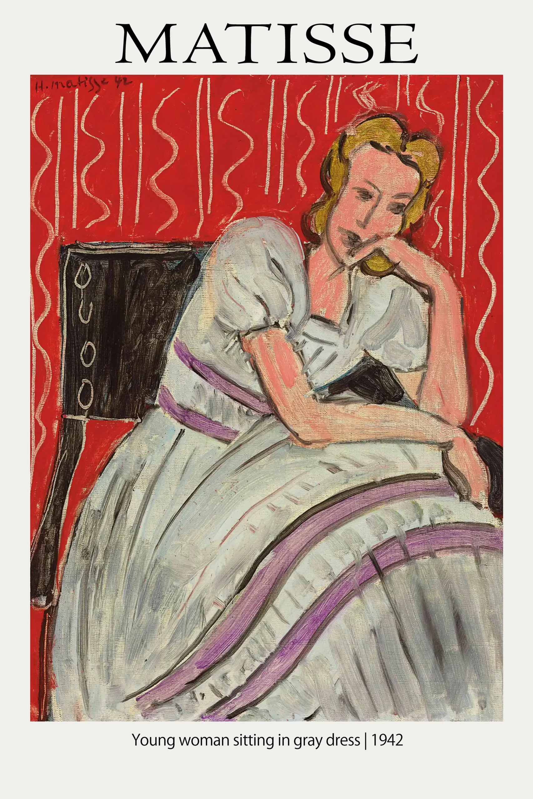 Classic Matisse Exhibition Poster - 1942 Young Woman In Gray Dress Art Matisse Exhibition Poster Showing A Woman In A Gray And Purple Dress Against A Red Patterned Background In 1942.