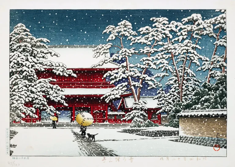 Zojoji Temple Snow — vibrant red Buddhist temple stands against a deep blue night sky as