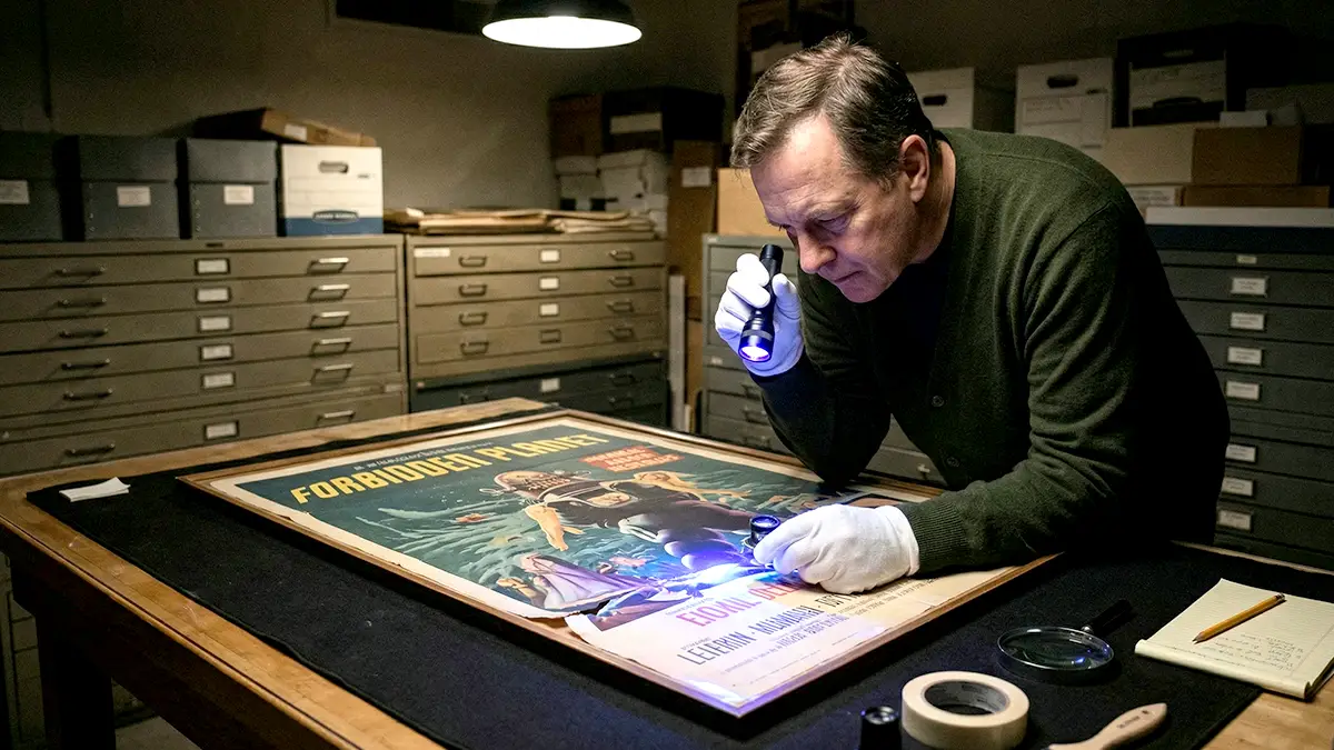 Collector Examining A Vintage Movie Poster Under Lamp Light