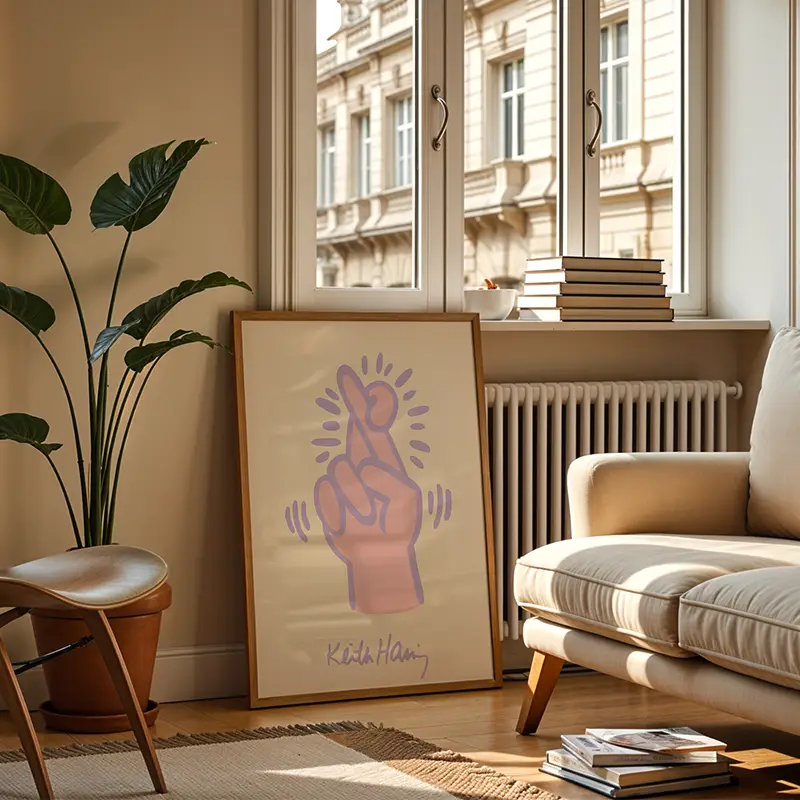 A framed art print displayed in a warm, naturally lit living room