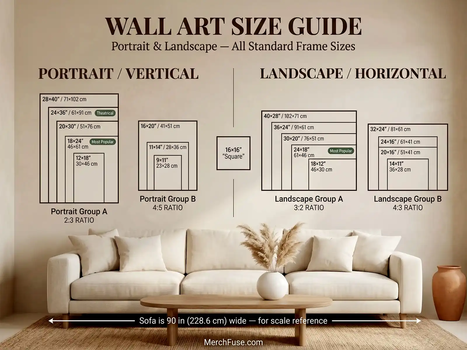 Wall art size guide showing all MerchFuse poster sizes — portrait and landscape — displayed to scale on a living room wall above a sofa