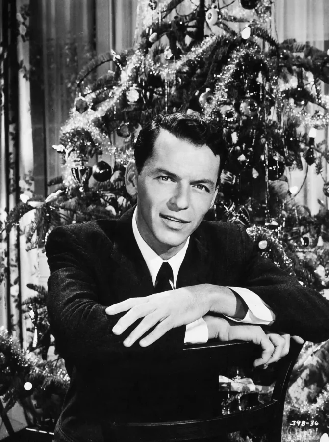 Frank Sinatra black and white poster showing the ornamented tree.