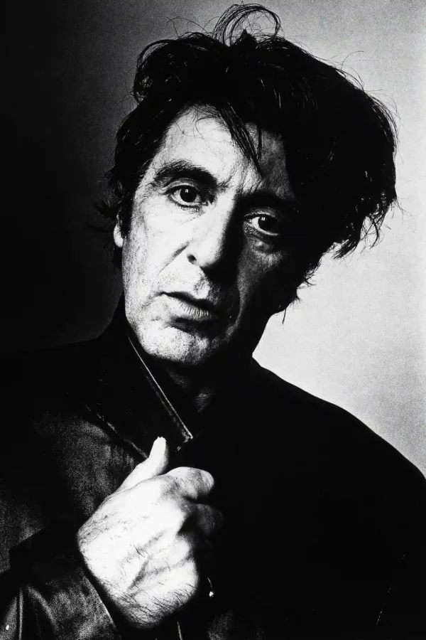 Black and white high-contrast portrait of Al Pacino in a leather jacket from October 1995 in New York City.