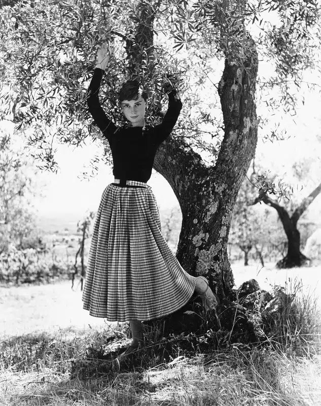 Black and white photograph of Audrey Hepburn leaning against an olive tree in Italy, 1955, wearing a checked skirt.