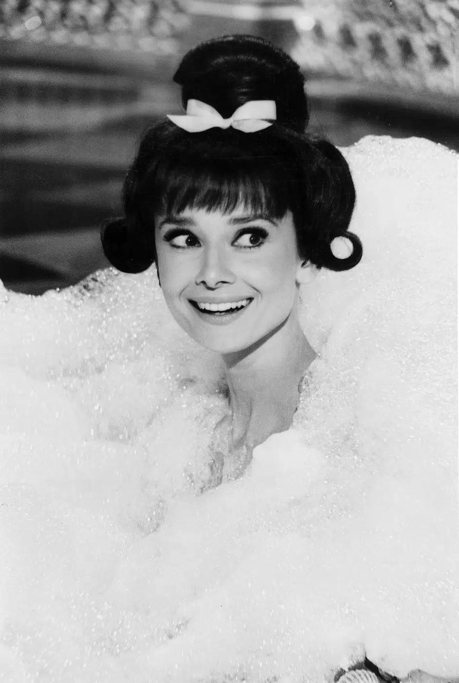 Audrey Hepburn in Bubbles print showing in bubbles with archival tone