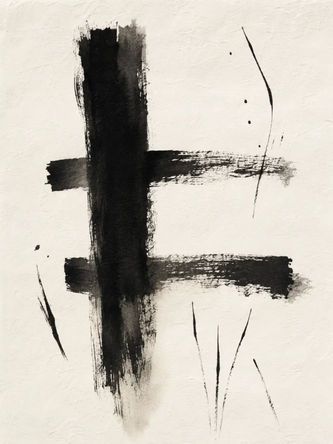 Abstract black ink brushstrokes in a calligraphic style with fine splatters on a textured off-white background.