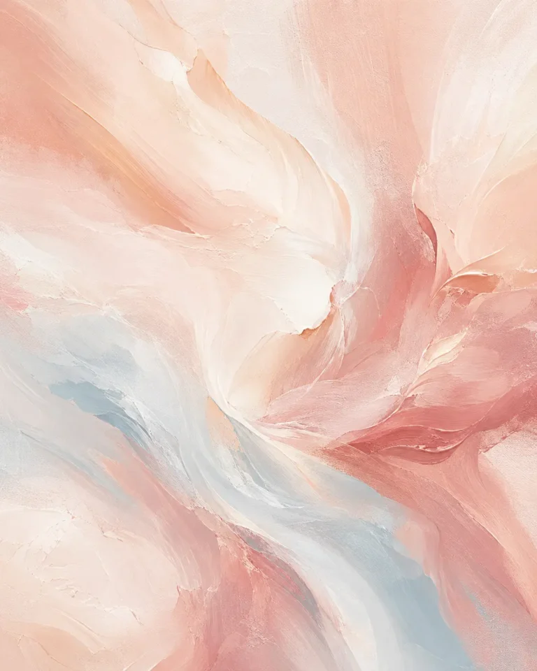 Clean artwork view of Blush Pink Abstract Painterly Wall Art, Soft Pastel Decor Art Print. This abstract painting features sweeping brushstrokes of blush pink, soft peach, and cool grey with a rich, textured impasto finish for a modern look.
