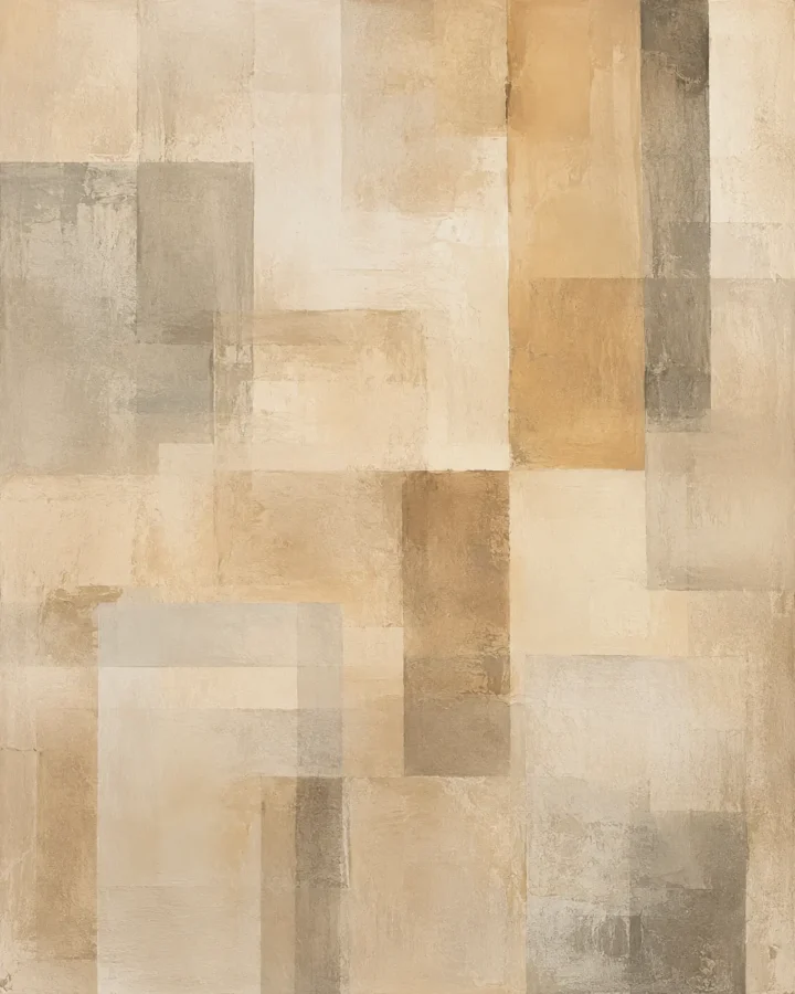 Abstract composition of overlapping champagne and beige rectangular blocks with a textured, hand-painted finish.