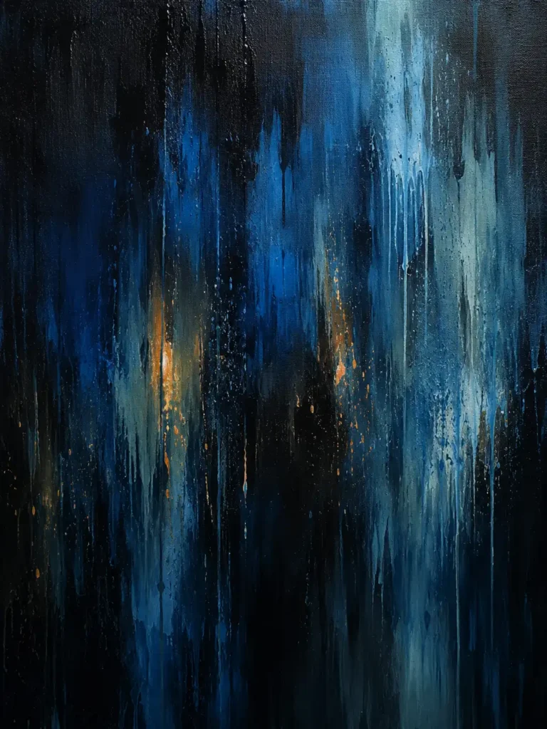 Clean artwork view of Cobalt After Rain Abstract Wall Art, Deep Blue and Copper Print. A vertical abstract composition featuring deep cobalt and navy blue drips with copper accents, evoking the mood of a rain-streaked window at night.