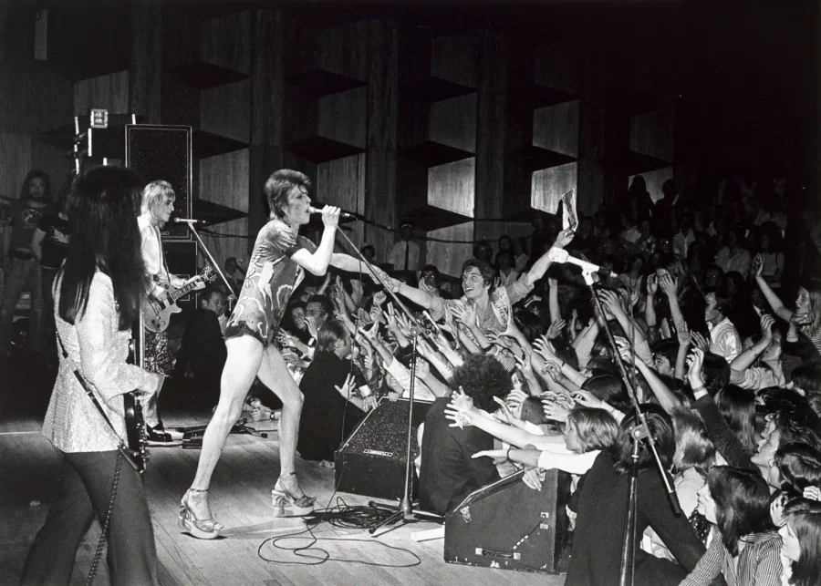 David Bowie crowd performance print showing a black and white live scene with Bowie reaching toward an excited audience as