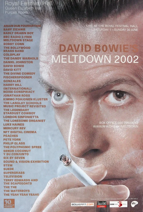 David Bowie Meltdown Festival poster showing a 2002 Meltdown Festival poster featuring David Bowie as David Bowie themed