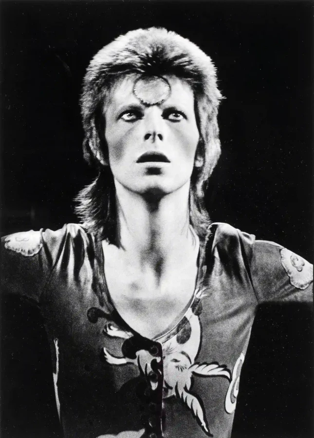 David Bowie Staring Into — high-contrast black and white photograph of David Bowie as Ziggy