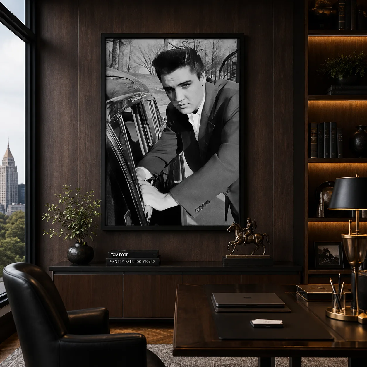 Elvis Presley Graceland Car — car window, suit sleeves, bare trees, and a close outdoor gaze give