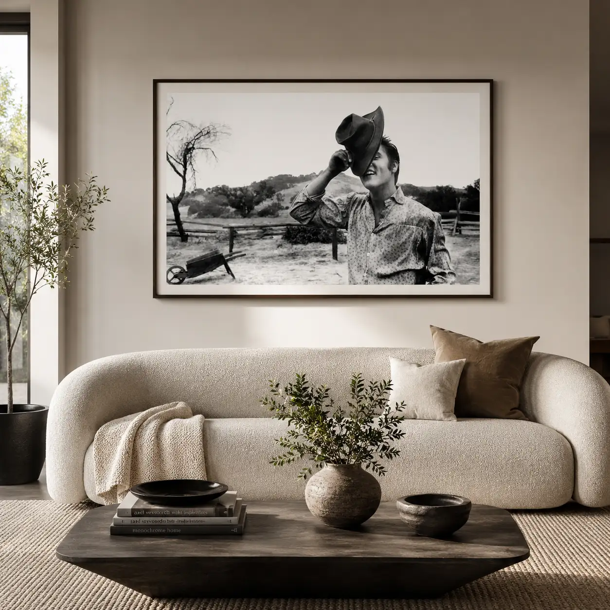 Room mockup of Elvis Presley Love Me Tender Ranch Poster, 1956 Western Print, displayed as framed wall art in a dorm room setting as a portrait print.