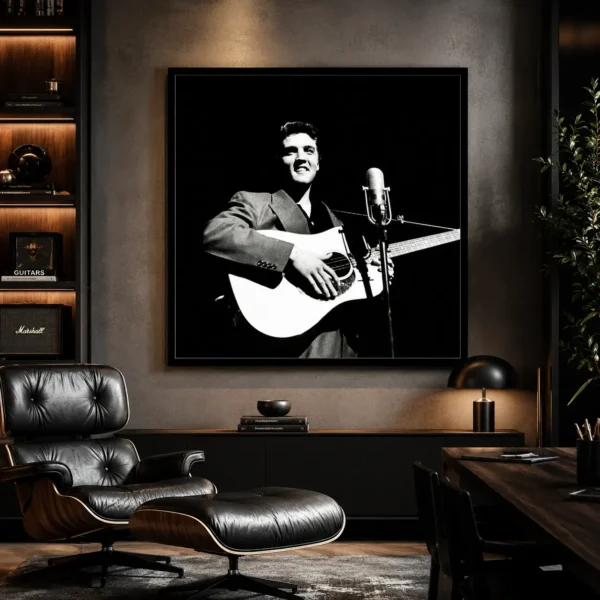 Elvis Presley Microphone Poster, Black Stage Guitar Print