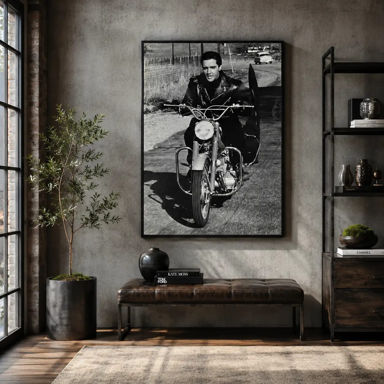 Elvis Presley Motorcycle — leather jacket, centered front wheel, road shadow, and roadside grit