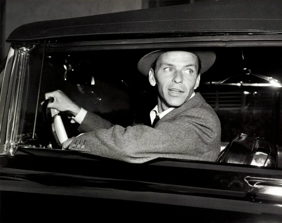 Frank Sinatra black and white poster showing the dark car body.