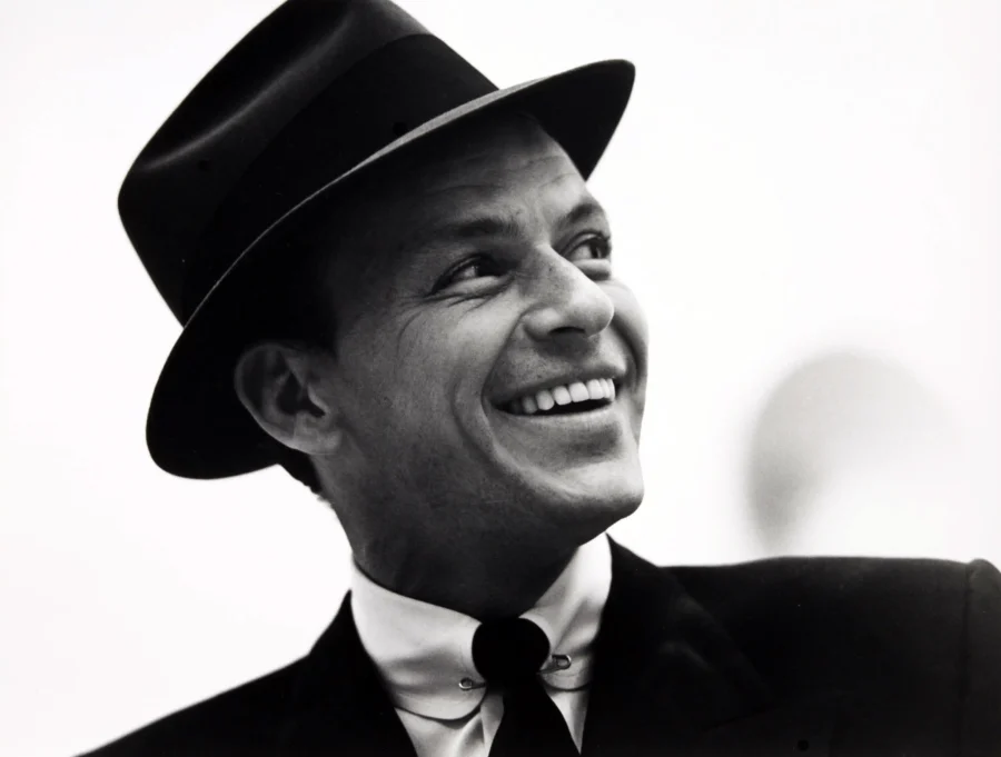 Frank Sinatra black and white poster showing the open smile.
