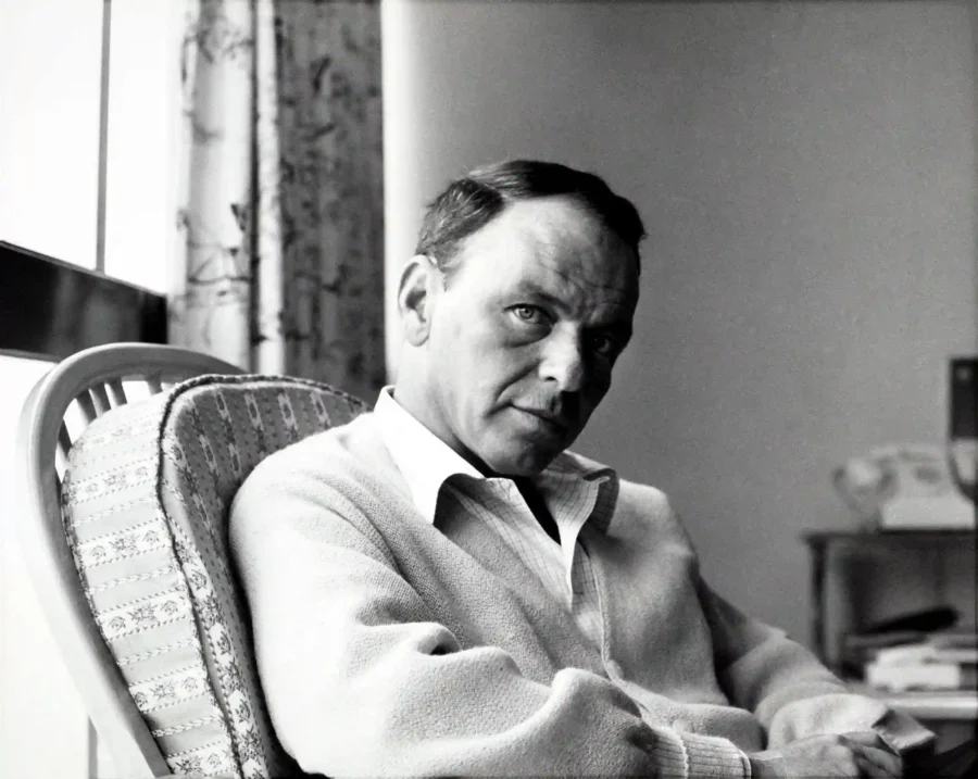 Frank Sinatra black and white poster showing the seated posture.