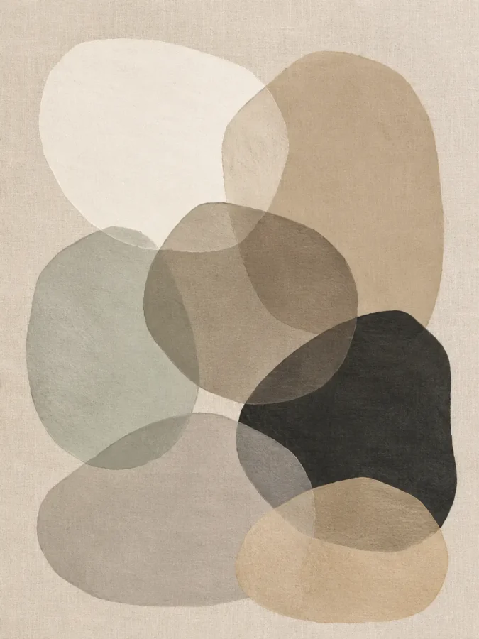 Abstract composition of overlapping pebble shapes in charcoal, cream, and slate blue with a visible linen-like canvas texture.