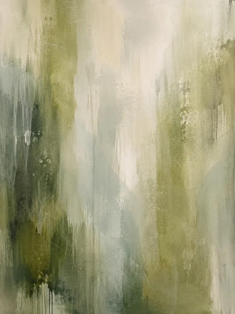 Textured Canvas Ethereal — vertical abstract painting featuring layers of moss green, sage, and