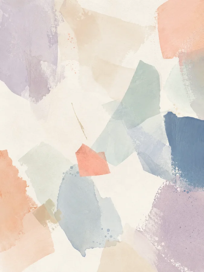 Pastel abstract composition with lavender, peach, and mint green textured shapes on a cream background.