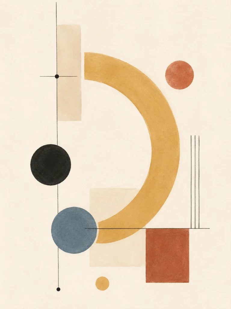 Clean artwork view of Bauhaus Geometric Abstract Shapes Cream Neutral Modern Art Print. A minimalist Bauhaus composition featuring a cream background with mustard yellow curves, muted blue circles, and rust red geometric forms. From MerchFuse.