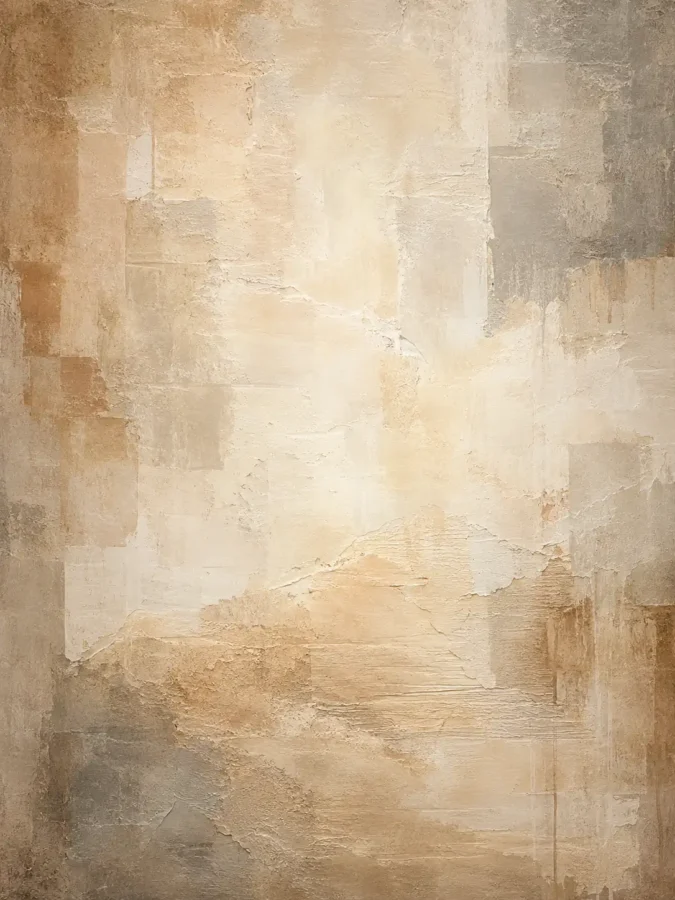 Abstract sandstone wall art with layered plaster textures in neutral shades of beige, cream, and tan.