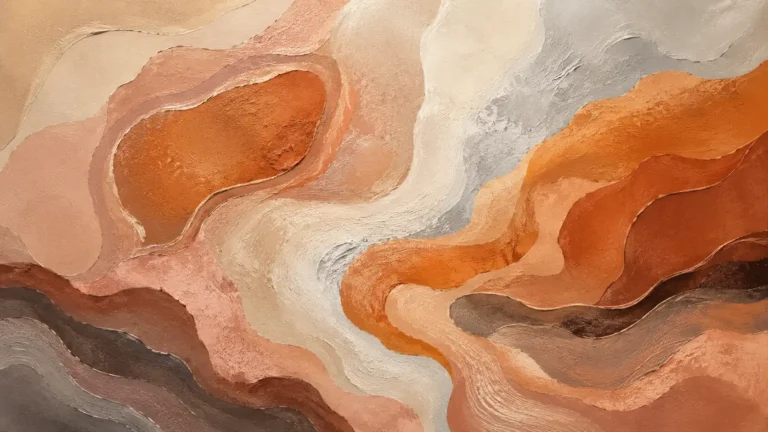 Clean artwork view of Terracotta Topographic Abstract Textured Earth Tones Art Print. Layers of burnt orange, sienna, and sandy beige mimic an aerial view of desert canyons in this textured abstract artwork with rich earthy tones. MerchFuse.