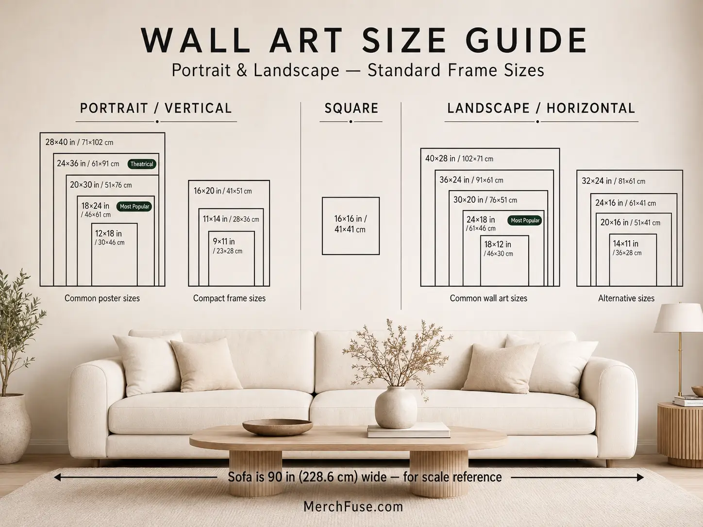MerchFuse poster size guide showing wall art sizes to scale