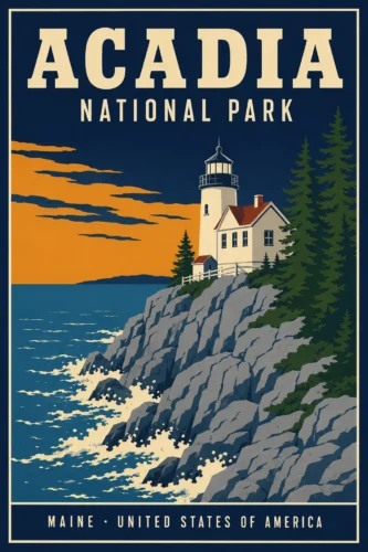 Acadia National Park Maine Coastline & Lighthouse Art Print