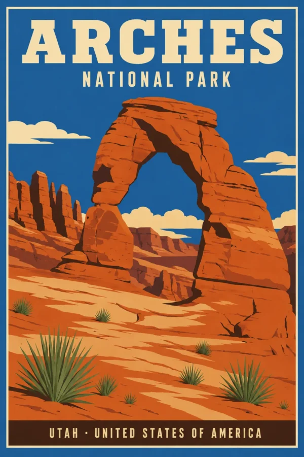 Arches National Park vintage travel poster featuring Delicate Arch in orange sandstone against a blue sky with green yucca plants.
