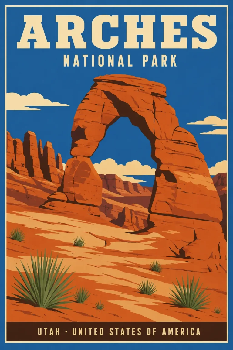 Clean artwork view of Arches National Park Utah Vintage Style Travel Poster. Mid-century graphic design influences are visible in the clean lines, flat color blocks, and the bold serif typography that frames the scene. MerchFuse.