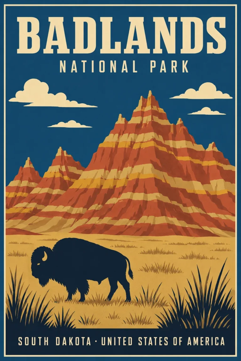 Clean artwork view of Badlands National Park South Dakota Vintage Style Art Print. Designed for the traveler who has navigated the Loop Road or hiked the Notch Trail, this piece serves as a lasting connection to a unique ecosystem.