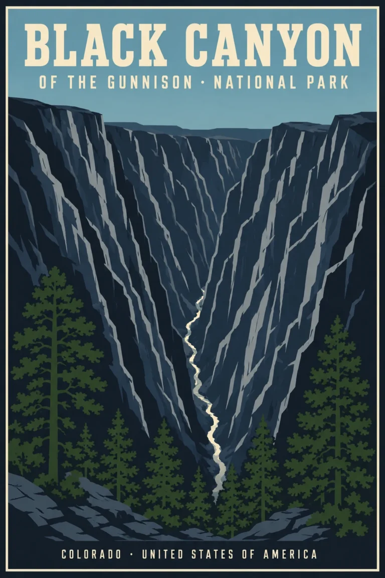 Clean artwork view of Black Canyon of the Gunnison National Park Colorado Wall Art Print. A vertical WPA-style illustration featuring the sheer, dark granite walls of Black Canyon over the winding Gunnison River with forest green evergreen trees.