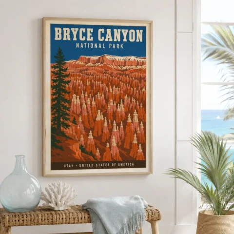 A framed Bryce Canyon travel print hangs in a modern living room, displaying vibrant orange and red desert hoodoos.
