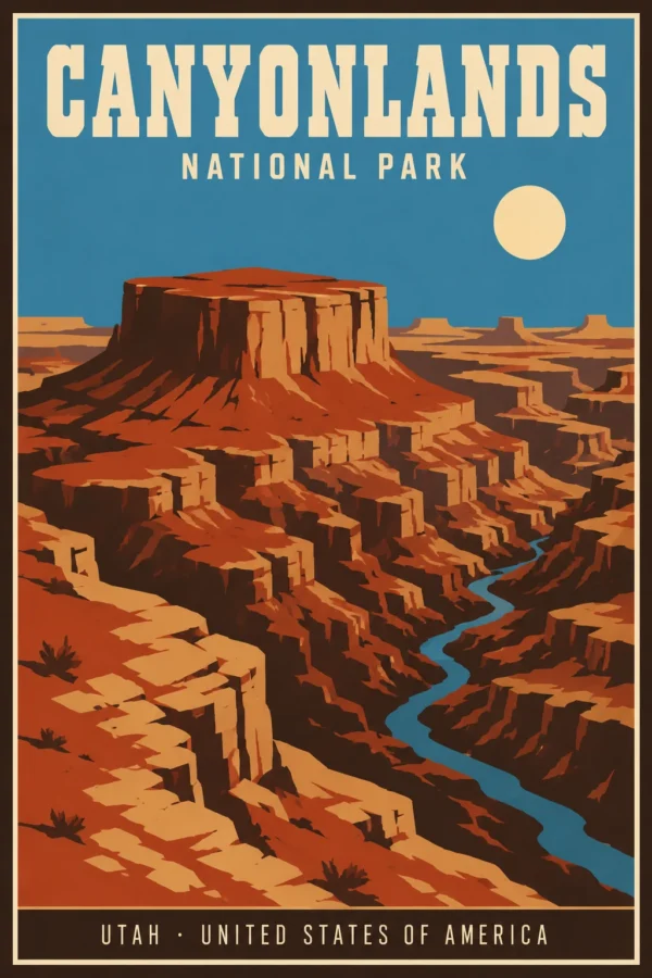Canyonlands National Park travel poster with a red rock mesa, deep canyon crevices, and a blue winding river in a vintage WPA style.