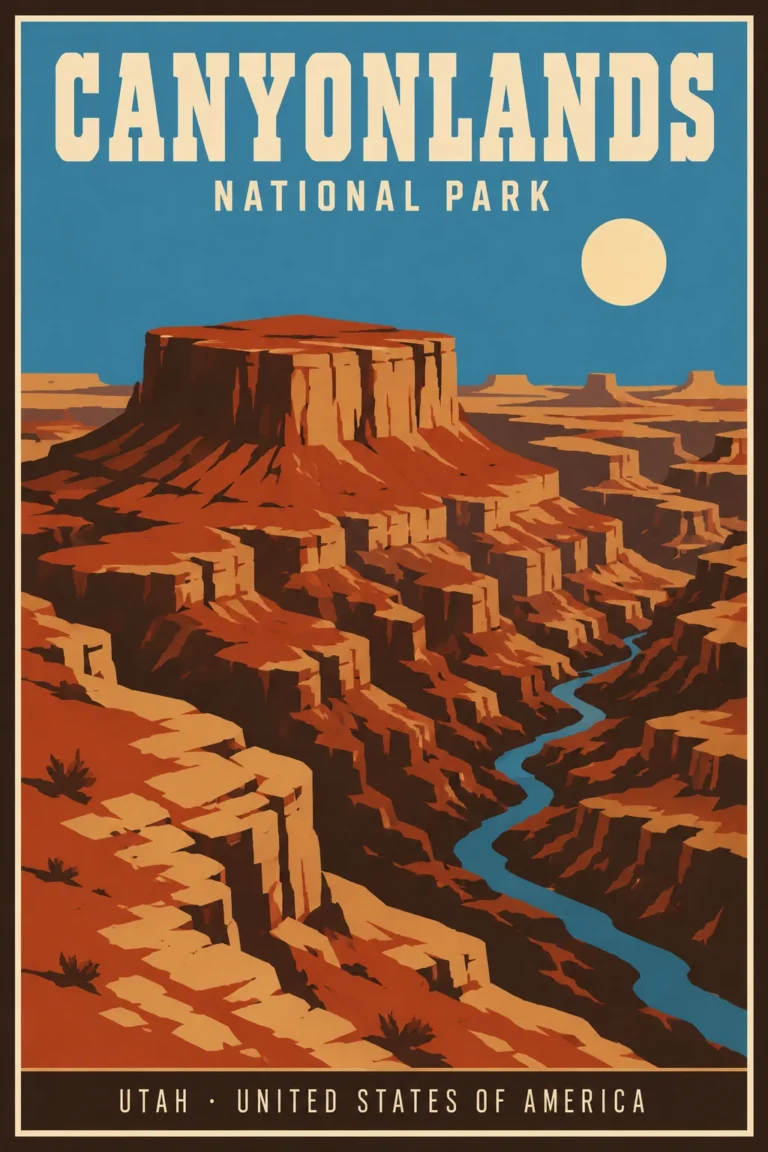 Clean artwork view of Canyonlands National Park Utah Vintage Style Travel Poster. A retro WPA-inspired illustration of Canyonlands National Park featuring a towering red mesa, deep canyon shadows, and a winding blue river under a pale sun.