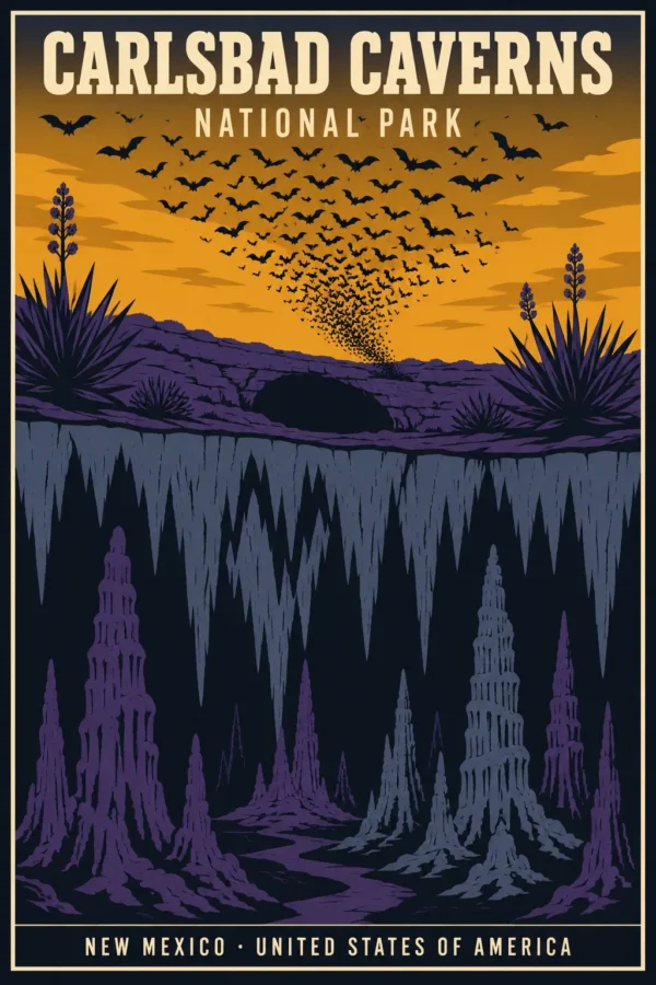 Carlsbad Caverns art print featuring bats flying over a desert entrance and stalactites in a purple and orange vintage style.