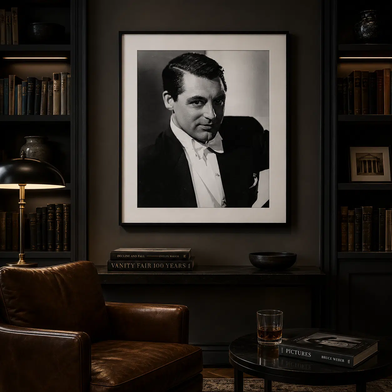 Cary Grant 1960s Classic — sophisticated black and white portrait of Cary Grant in formal tuxedo