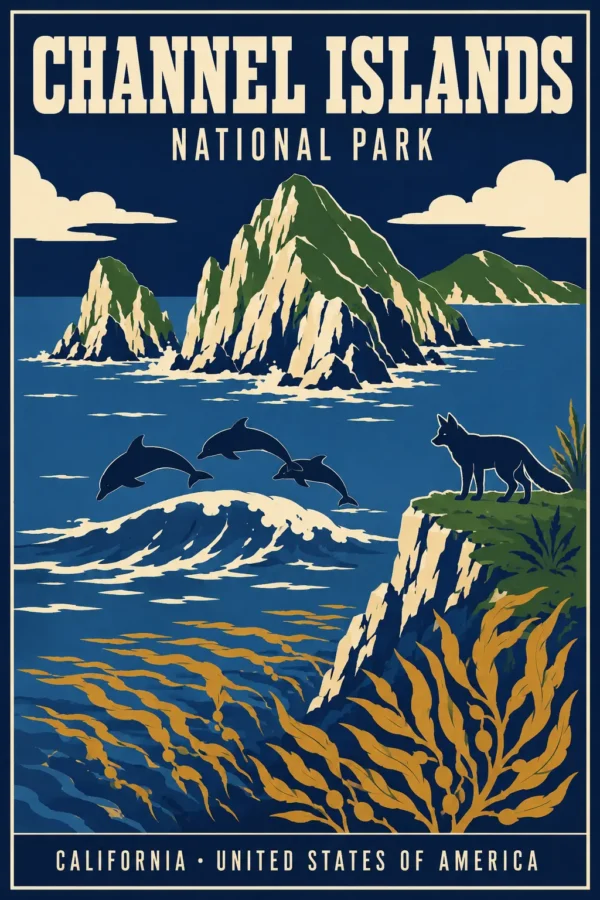 Channel Islands National Park poster featuring an island fox, leaping dolphins, and golden kelp forests against blue cliffs.
