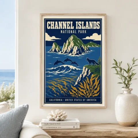 A framed Channel Islands travel poster hanging on a modern living room wall above a wooden side table.