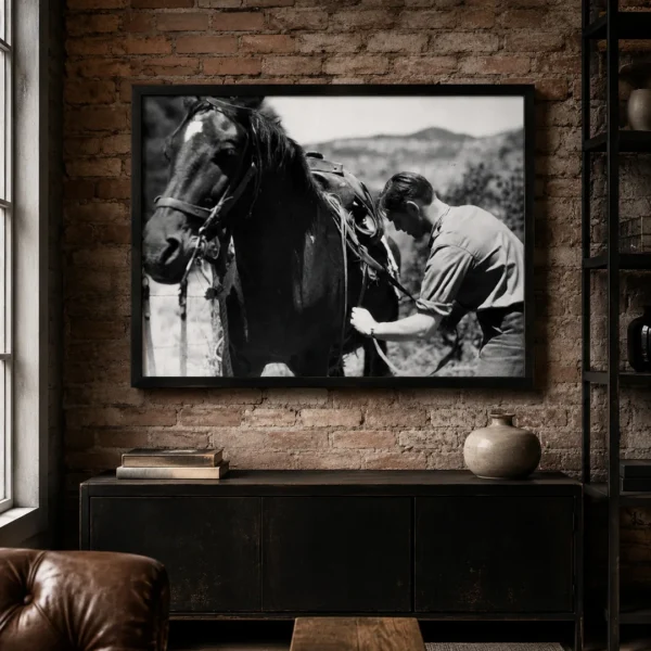 Clark Gable Saddling Horse Vintage Black and White Photography Print