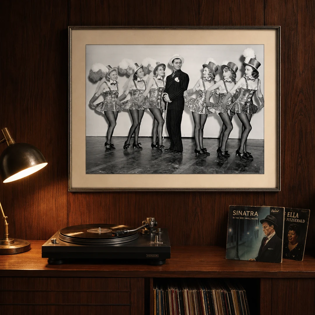 Room mockup of Clark Gable in Idiot's Delight 1939 Studio Photography Print, displayed as framed wall art in a office setting as a landscape print with black and white tones.
