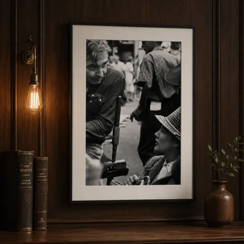 A framed vintage clark gable film art print hanging in a sophisticated home office with dark wood accents.